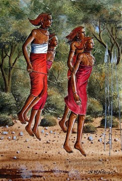 Ndeveni Maasai Morans bailando cerca del bosque desde África Pinturas al óleo